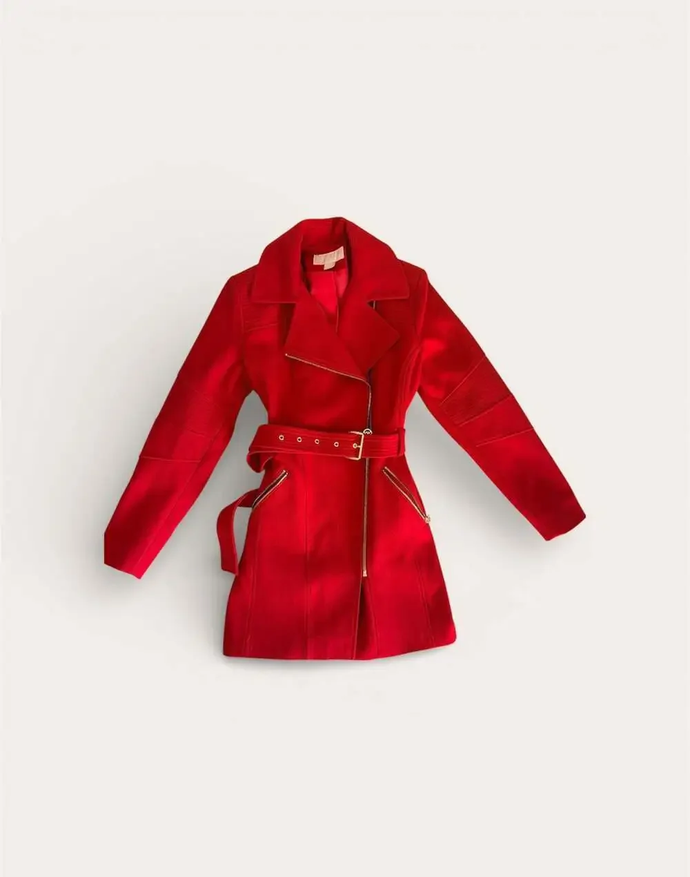 Michael Kors Red Asymmetrical Belted Wool Blend Peacoat with Gold Hardware